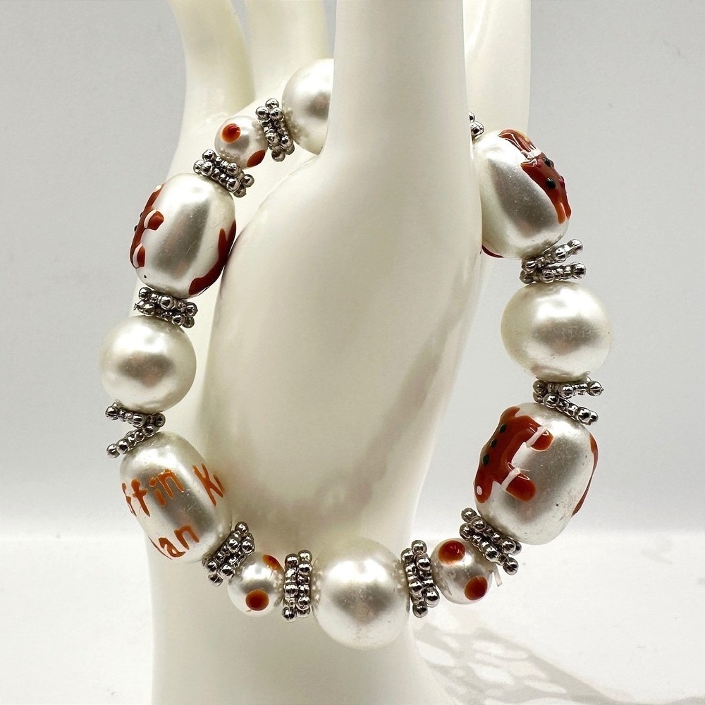 Vintage White Satin Pearl Bead Stretch Bracelet Orange Elephant Kenya Safari Y2K